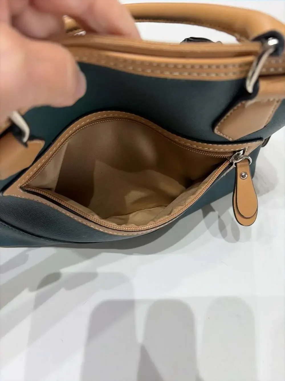 Giani Bernini Saffiano Faux Leather Dome Satchel Handbag, Teal/Tan, 12.5